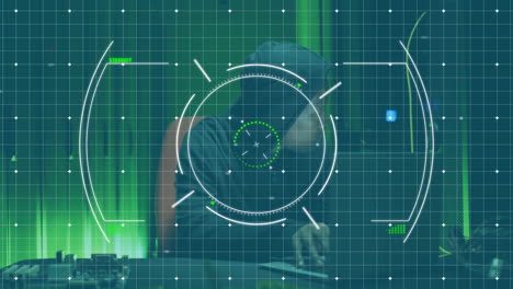 hacker trabajando en computadora, orientación digital animación sobre el fondo de la cuadrícula verde