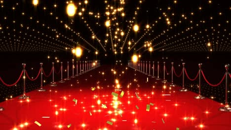 animation of gold confetti and balls of flame over red carpet venue