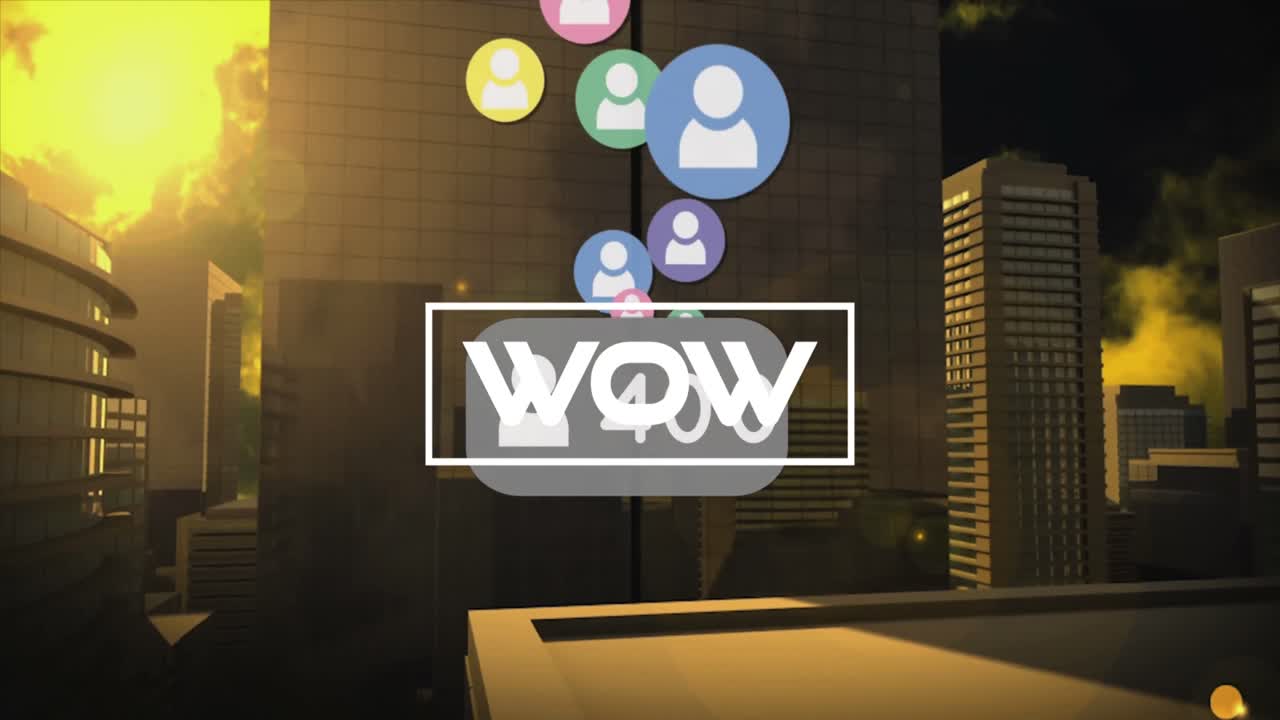 animación de texto wow y números creciendo con iconos sobre el paisaje urbano