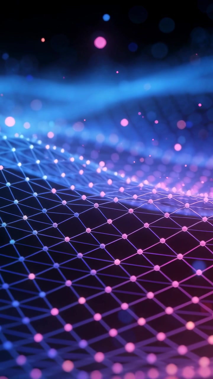 Vertical video: Loop starting, neon mesh undulating over dark void with glowing nodes, adding depth