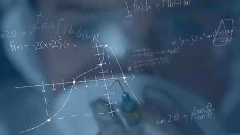 Animation-of-mathematical-equations-over-female-scientist-holding-syringe