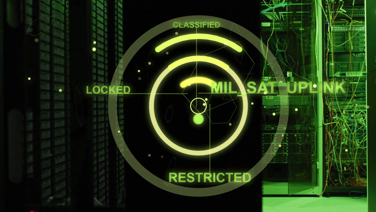 Central HUD showing dots starting animated rings tagging MIL_SAT_UPLINK for secure network status