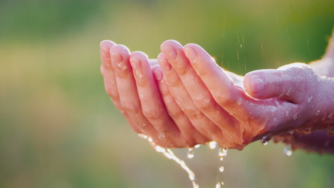 한 남자가 쏟아지는 빗방울에 손을 잡고 시원하고 깨끗한 물 개념이 천천히 날아간다