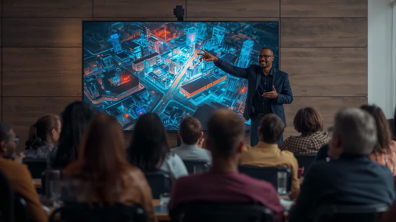 Pointing speaker wearing blazer explaining 3D map on screen at briefing in meeting room, copy space