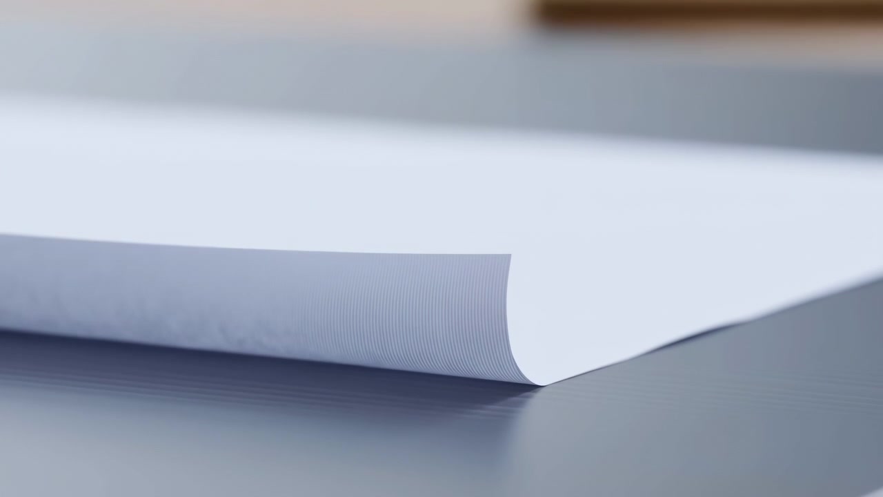 White sheet corner lifts and curls over smooth matte gray surface, forming narrow air gap, gentle roll and soft shadow beneath, with neutral tones and calm minimalist office feel, with paper, sheet