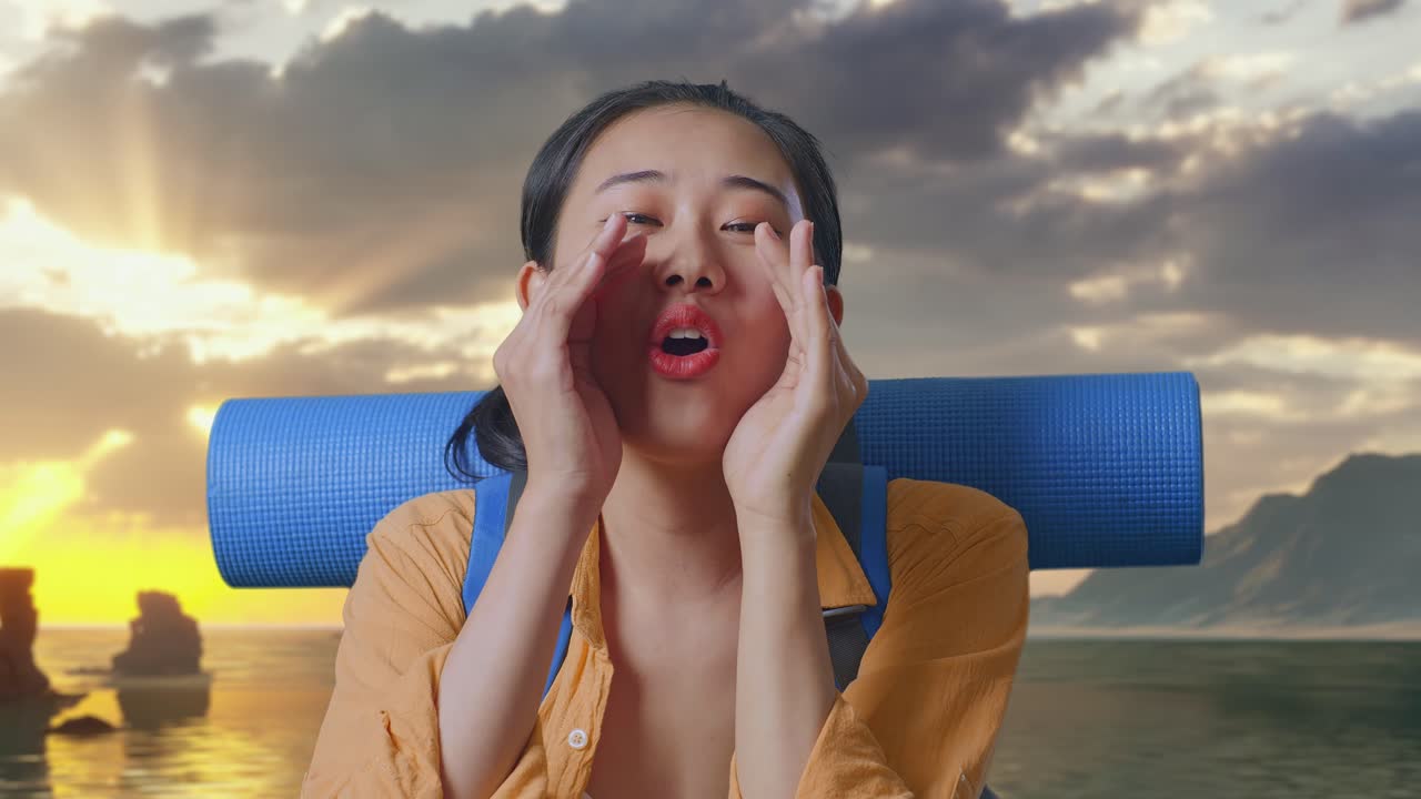 Primo piano di escursionista asiatica con zaino da alpinismo che urla tenendo le mani vicino alla bocca mentre si trova in piedi sulla spiaggia durante il tramonto