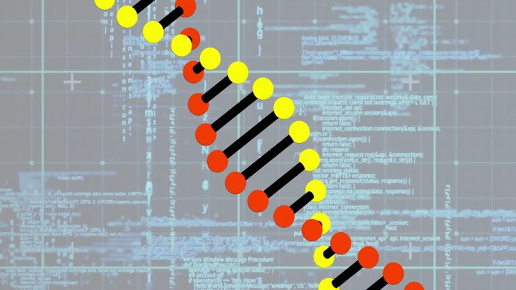 DNA strand animation over computer code and data processing background