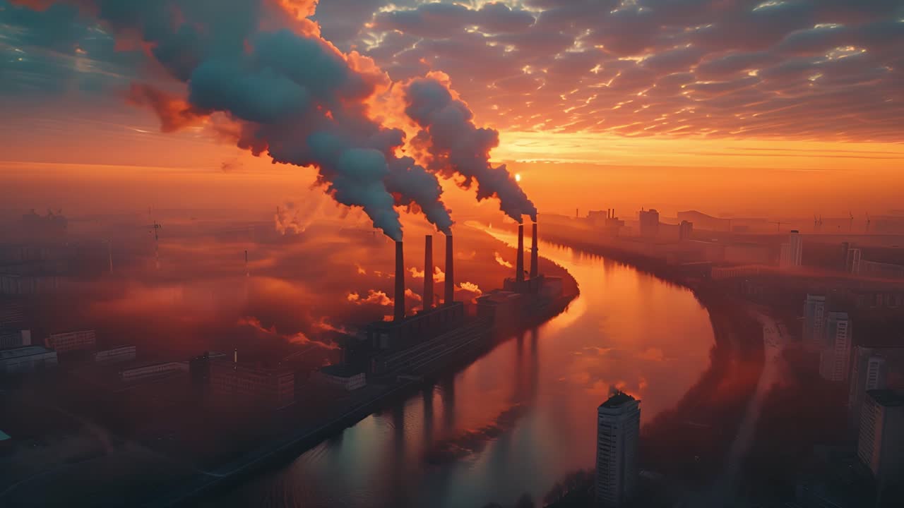 Centrale elettrica industriale che emette fumo contro un cielo vibrante al tramonto