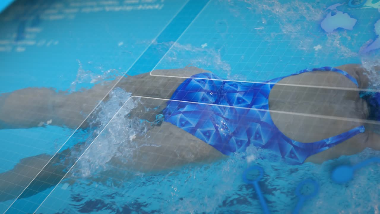 Female swimmer cupping starting front crawl with leg kicking, overlays tracking sports performance