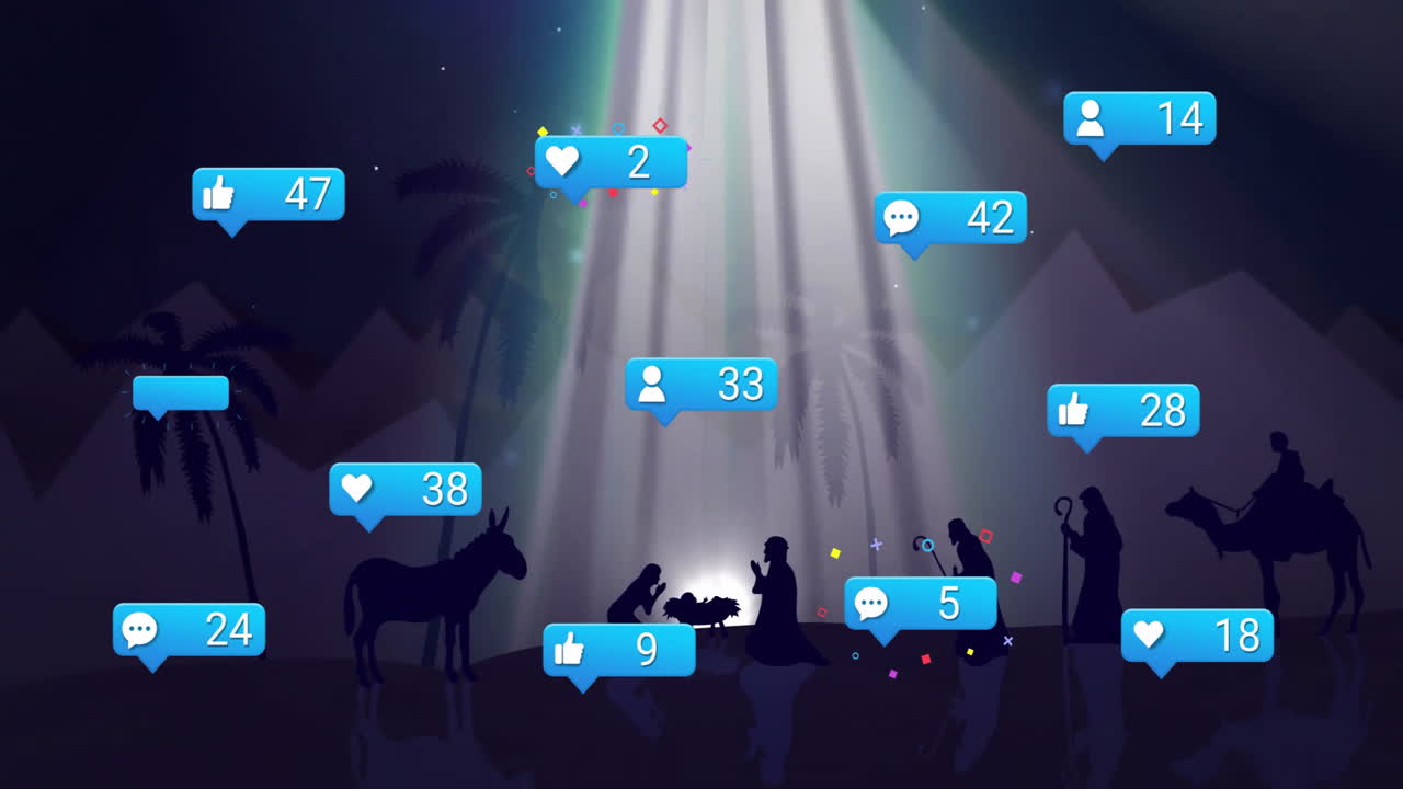 Animation of nativity scene in school with social media notifications appearing