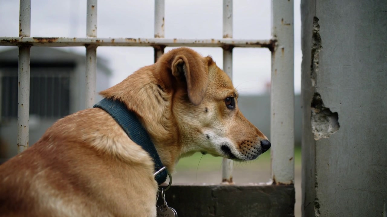 Sitting brown dog watching through metal gate at gated entrance, with collar, ID-tags and pillar