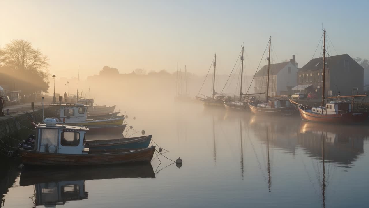 An Enchanting Morning at the Misty Harbor, Where Traditional Boats Gently Rock in Calm Waters Amidst the Ethereal Fog, Creating a Serene and Picturesque Scene