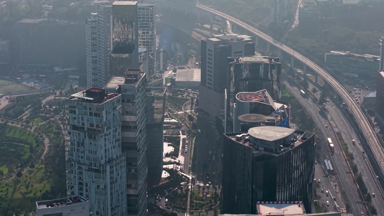 Aerial capture showing modern skyscrapers in Santa Fe, Mexico City