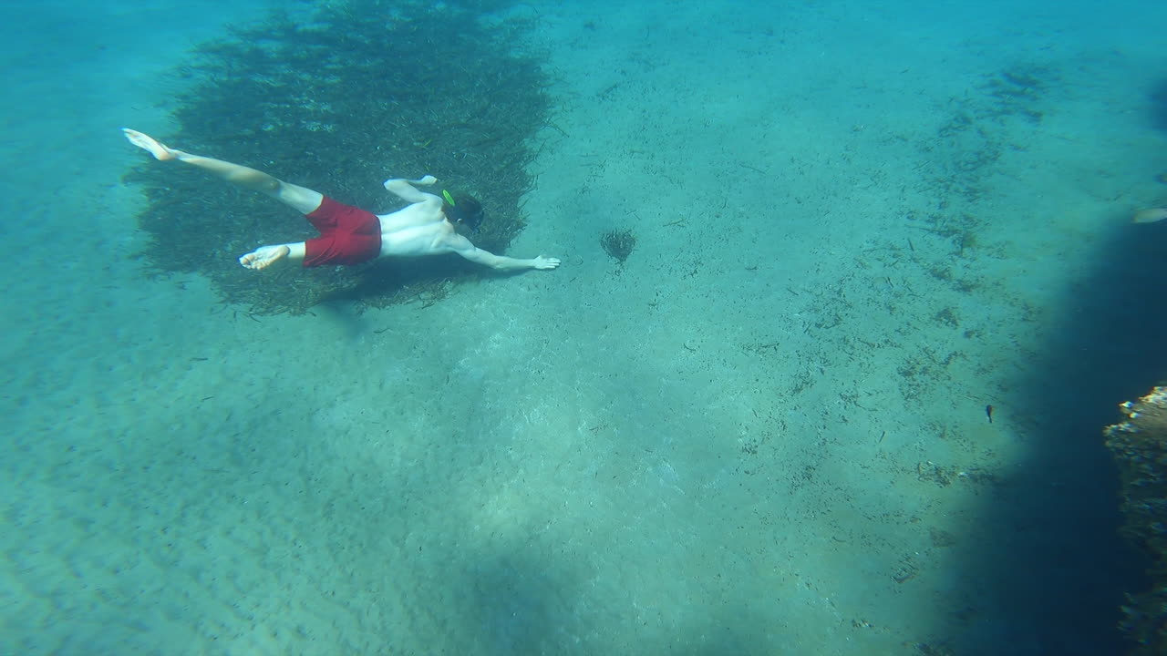 한 젊은 스노클러가 지중해 깊은 곳에서 수영을 하며 바닥에 있는 모래를 만지고 있습니다.