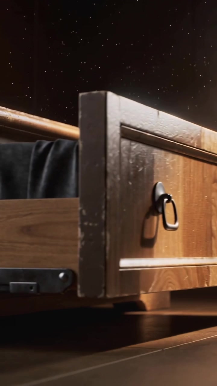 Vertical video: Camera panning making wooden drawer sliding on rails in set, showing black lining