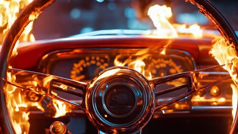 a car with a steering wheel covered in flames