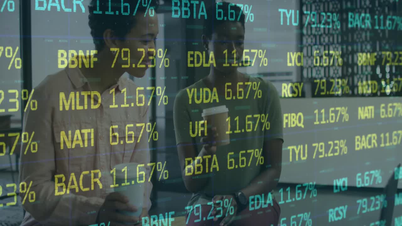 Animation of data processing over diverse business people talking in office