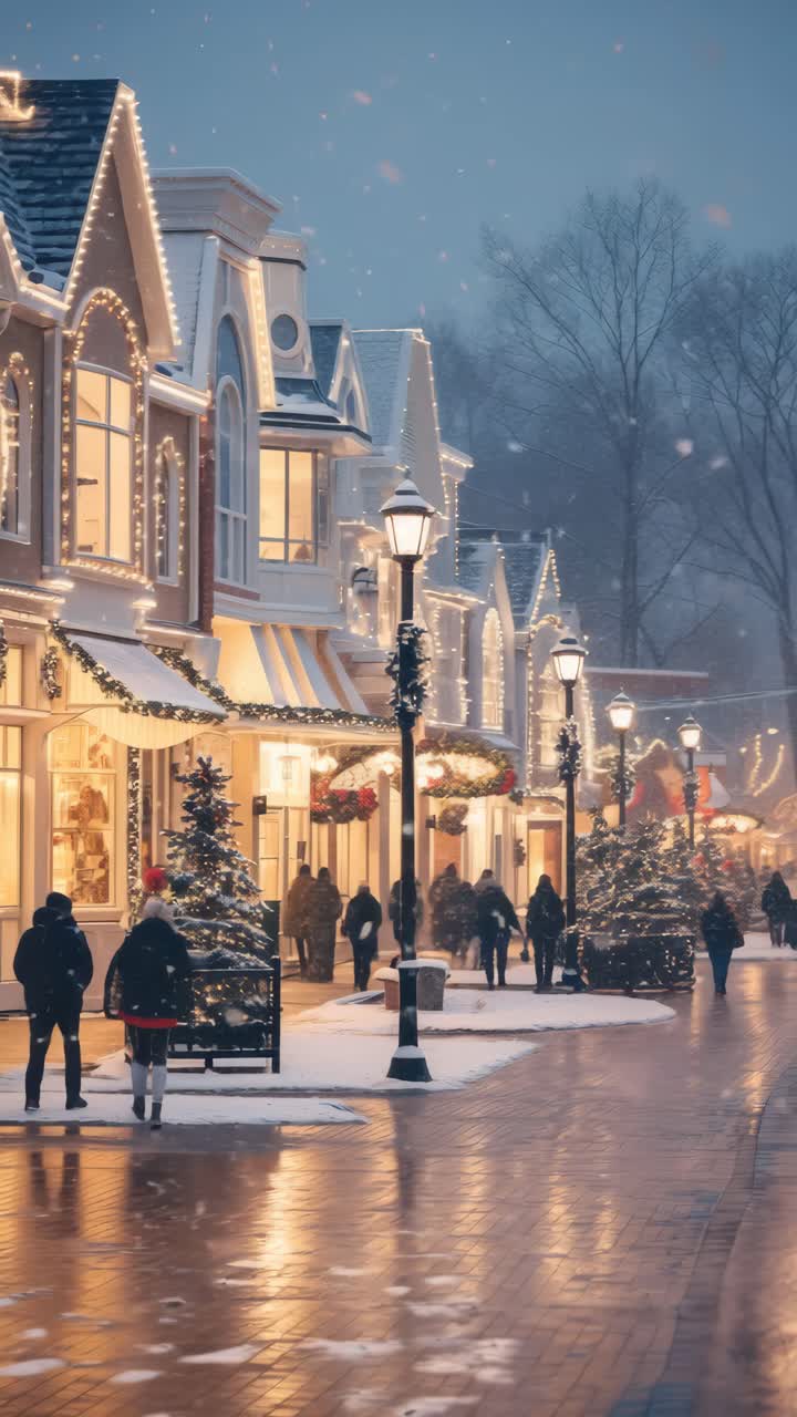 Charming winter street scene with festive lights and snow, captured at eye level