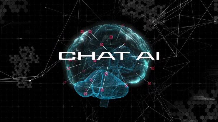 Animazione di testo di chat e elaborazione dati dell'intelligenza artificiale su cervello umano