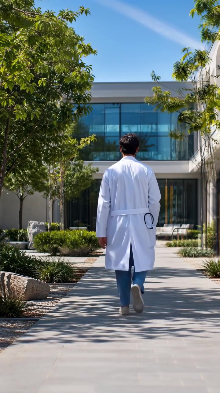 Médico caminha por um campus médico paisagístico sob um céu azul brilhante, emoldurado por árvores, caminho pavimentado e um moderno edifício de vidro, transmitindo um cuidado de rotina calmo e um movimento profissional limpo.