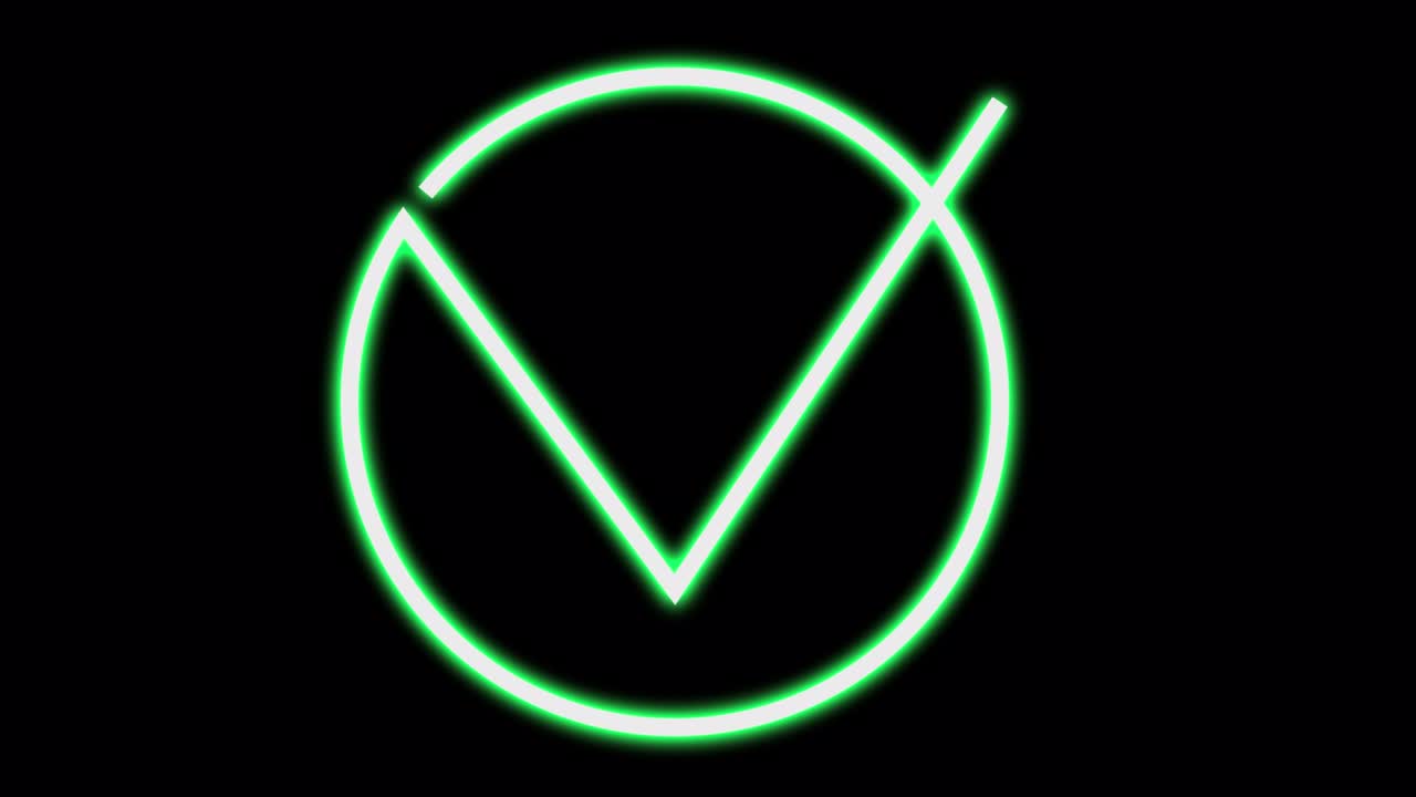 Neon sign with an approving green check mark.
