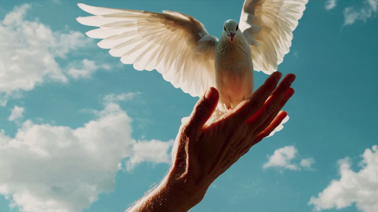 Eine Nahaufnahme aus einem niedrigen Winkel eines Videos von einer Hand, die eine weiße Taube vor einem blauen Himmel mit Wolken freilässt