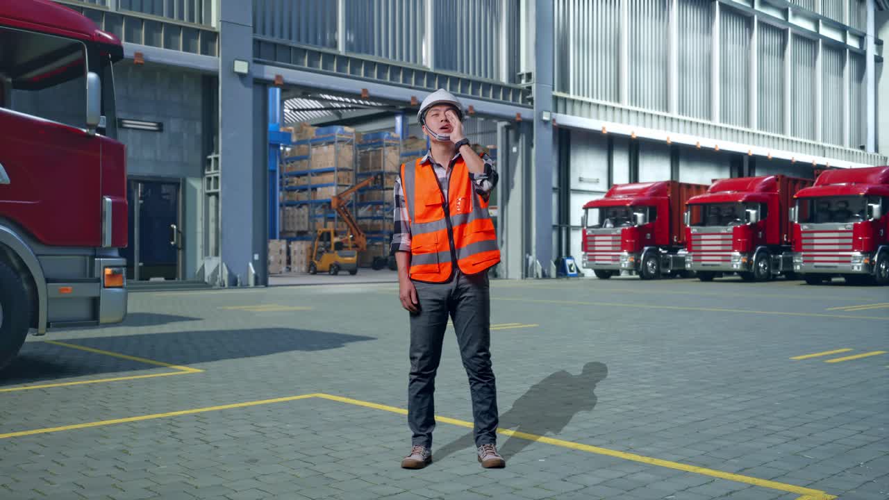 Full Body Of Asian Male Engineer With Safety Helmet Yelling With Hand Over Mouth While Standing , Outside of Logistics Distributions Warehouse