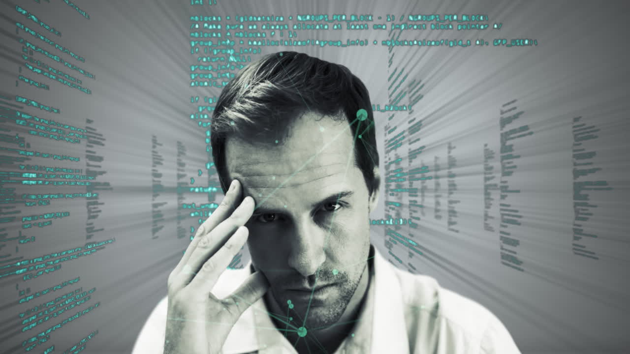 animación del procesamiento de datos sobre el hombre mirando a la cámara