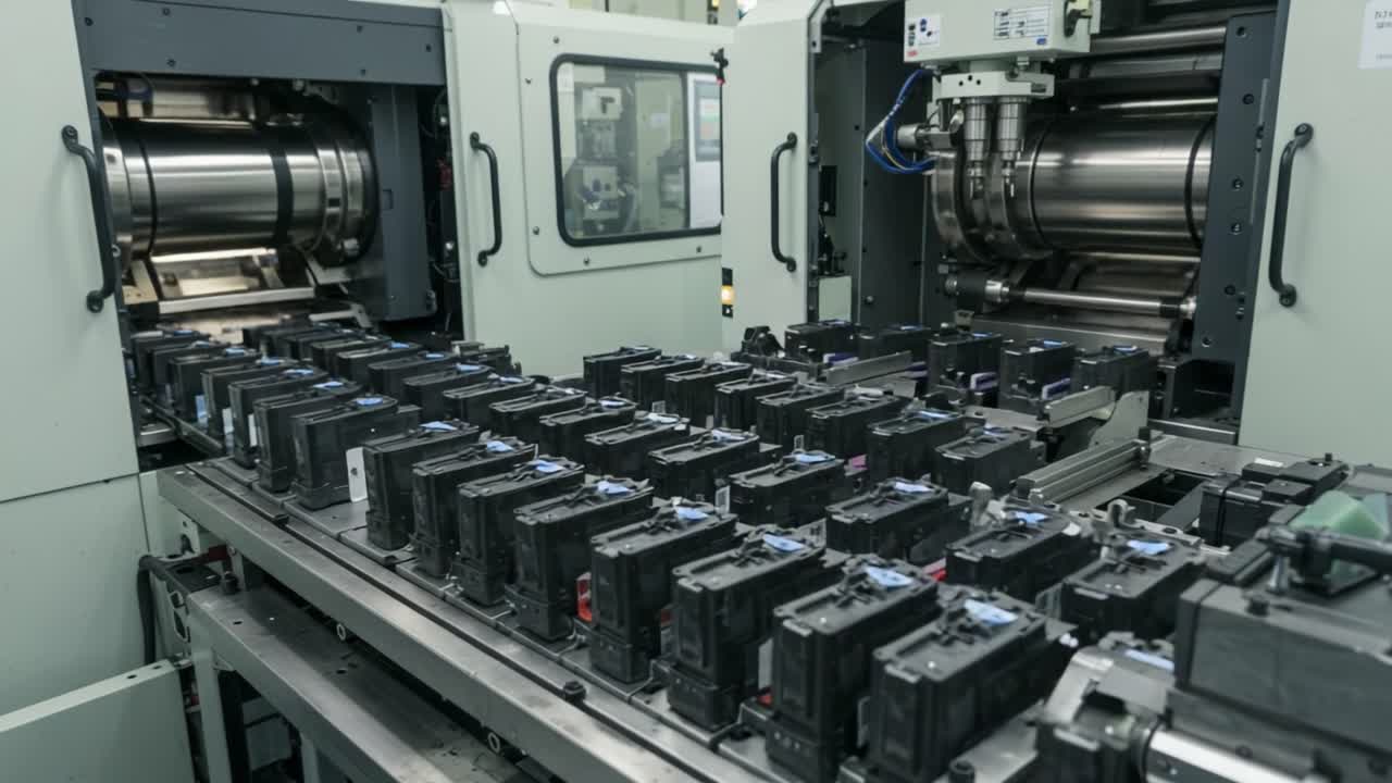 Automated Manufacturing Process Displaying a Production Line with Multiple Battery Packs Inside a High-Tech Facility for Efficient Energy Solutions