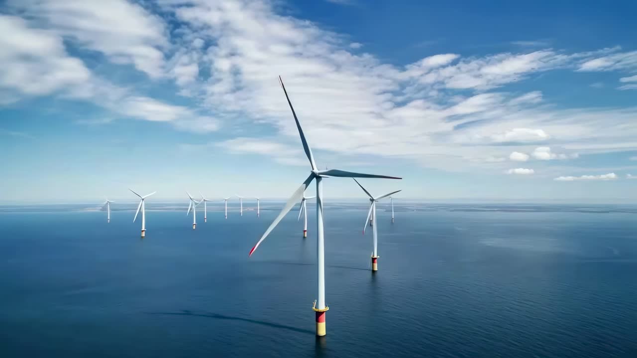 Aerial video captures offshore wind turbines in a vast ocean, showcasing renewable energy