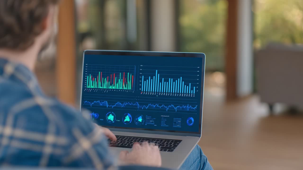 Analyserer datatrender: En person fordypet i datavisualisering og tolkning på en bærbar PC i et lyst innendørs miljø.