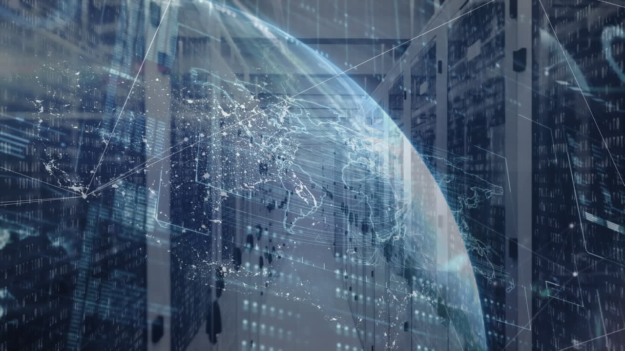 Animation of data processing and globe over server room
