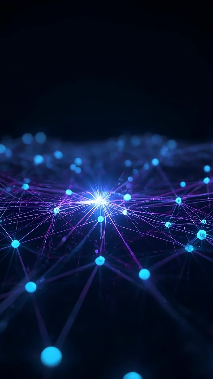 Vertical video: Pulsing center node sending pulse along purple lines, lighting cyan nodes in void
