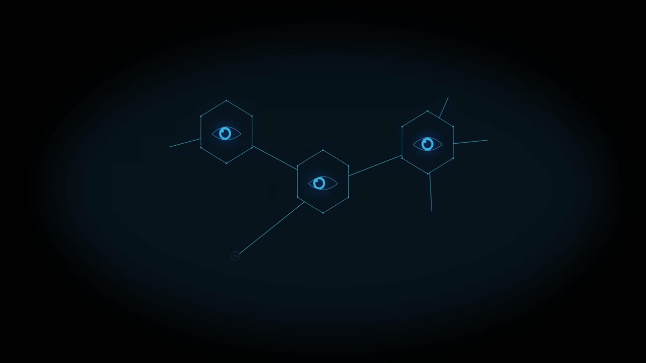 Animation of growing network of blue eye icons on black background
