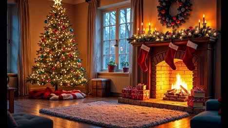 acogedora sala de estar de navidad con chimenea
