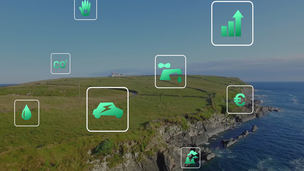 Floating animation of green energy and sustainability icons over coastal landscape