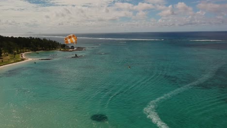 aerial shot of a man practicing parasailing over the coast, with his shadow on the water, beside a tree covered beach