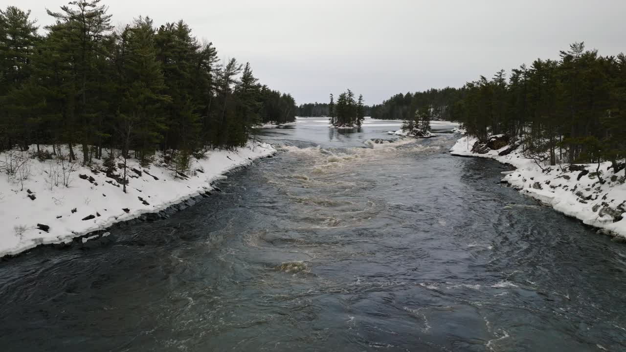 Drone flying over Lorne whitewater rapids on the Ottawa River in Ontario Canada during winter