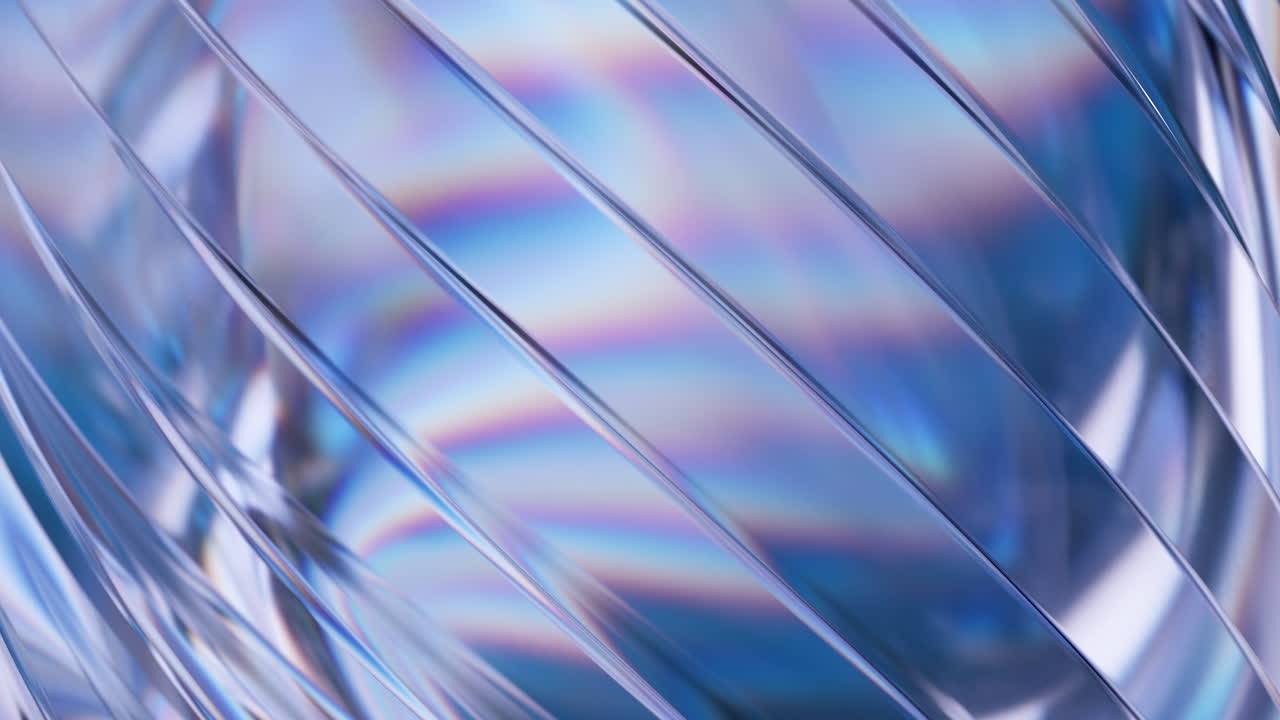 Sfondo iridescente astratto con linee trasparenti diagonali che creano un bellissimo effetto di rifrazione della luce. Gradienti olografici blu, viola e rosa, che evocano uno stile moderno, futuristico ed elegante