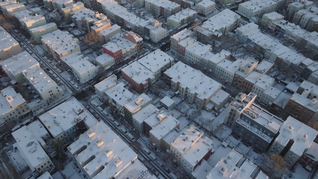 Aerial view of a snow covered Brooklyn. Shot on a winter morning in Greenpoint.