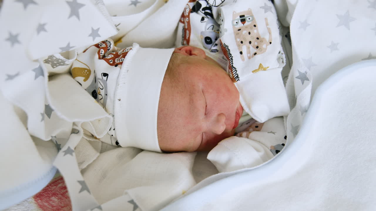 Adorable sleeping Caucasian child in a cap and mittens covered in blanket. Close up.
