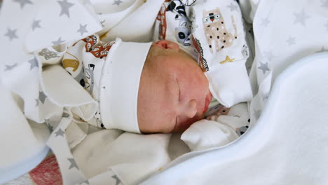 adorable sleeping caucasian child in a cap and mittens covered in blanket. close up.