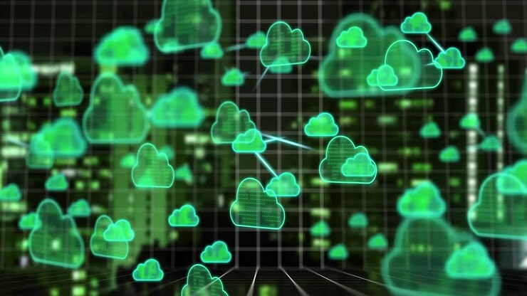 Animation of cloud icons and data processing over cityscape