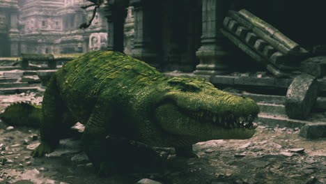 un cocodrilo verde gigante en un templo en ruinas