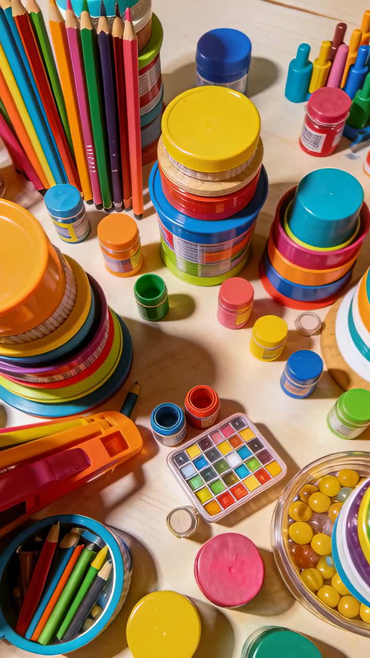Vertical video: Moving camera showing craft supplies on home table to reveal pencils and lids