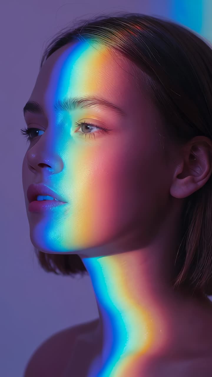 Vertical video: Woman tilting head while reacting to rainbow band in studio, with shifting color