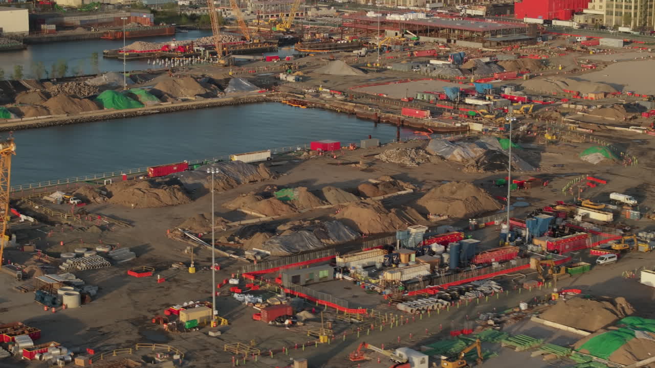 Aerial view of a construction site in Brooklyn. Shot at dusk in Sunset Park