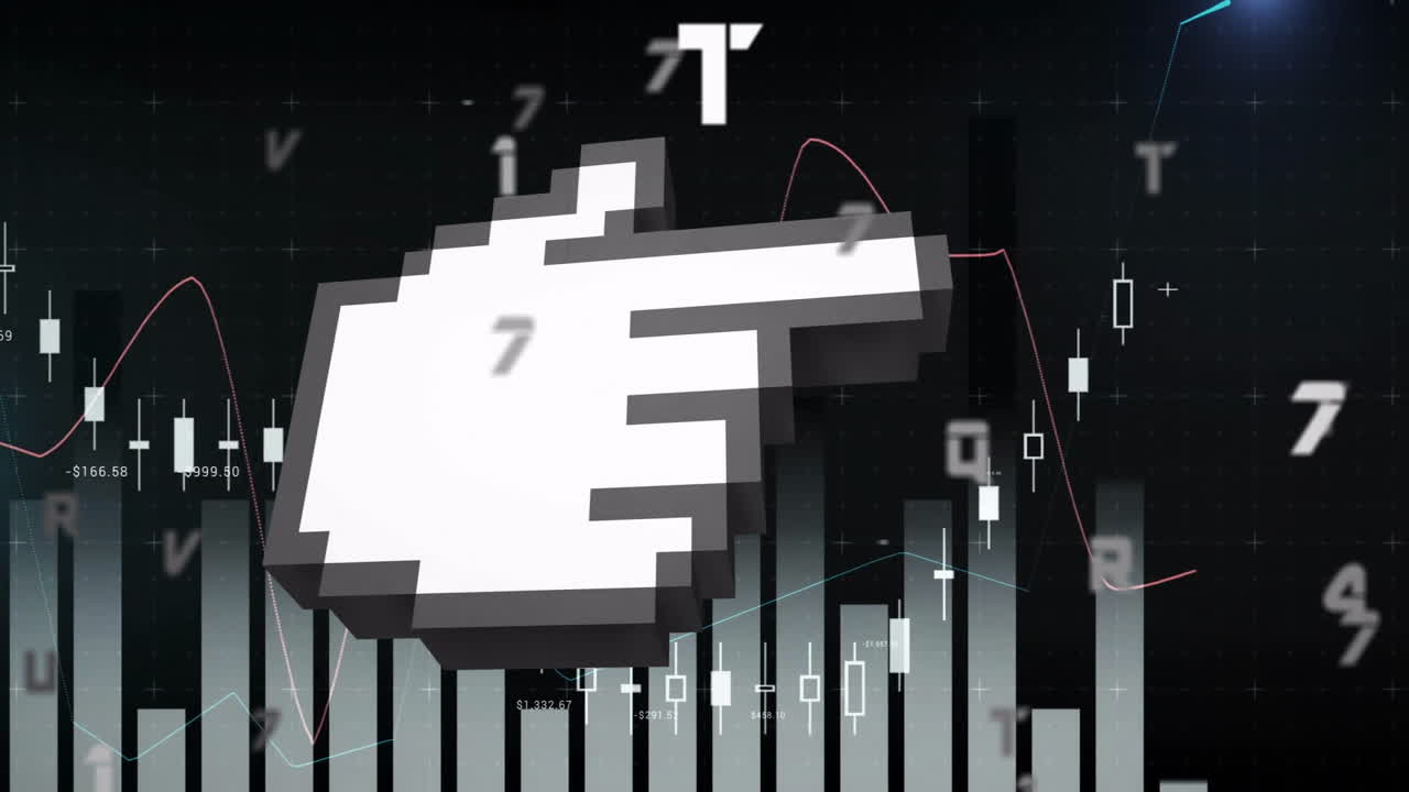 변동 데이터와 함께 금융 차트 위에 픽셀화 된 손 커서 애니메이션