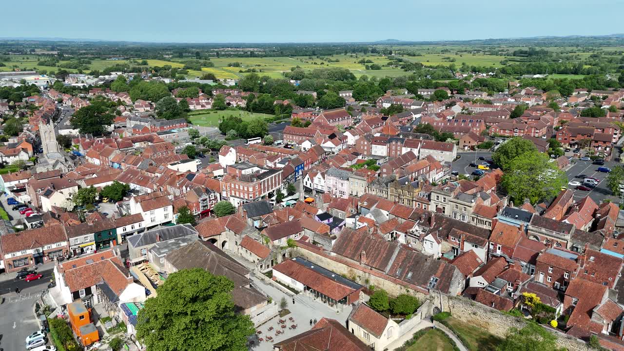 Glastonbury town centre Somerset UK drone,aerial