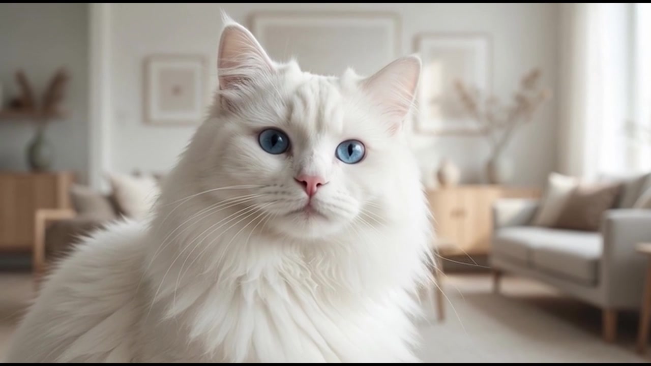 Lindo gato branco de olhos azuis sentado em uma sala de estar aconchegante